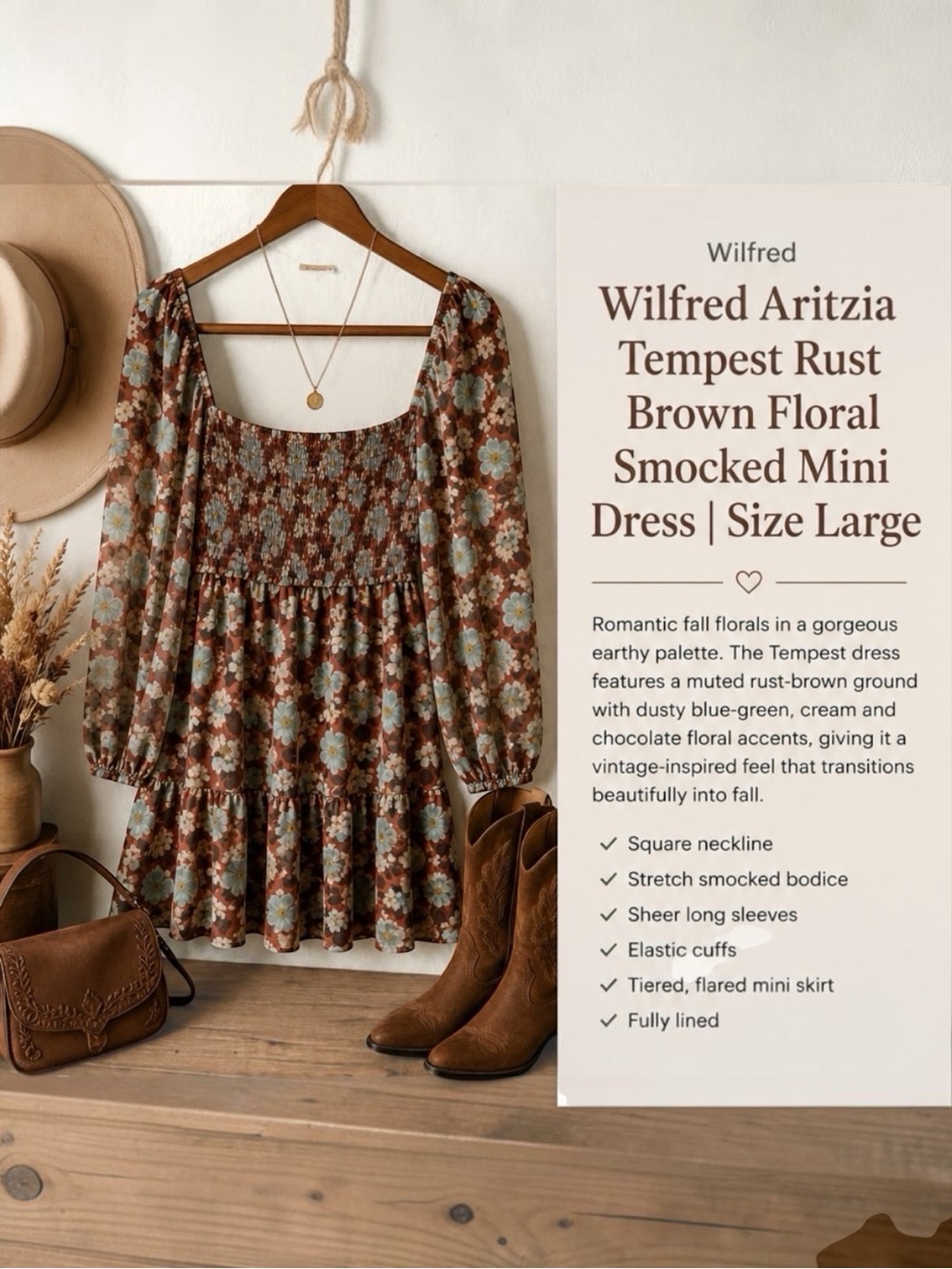 Wilfred Aritzia Tempest Rust Brown Floral Smocked Boho Prairie Mini Dress L
